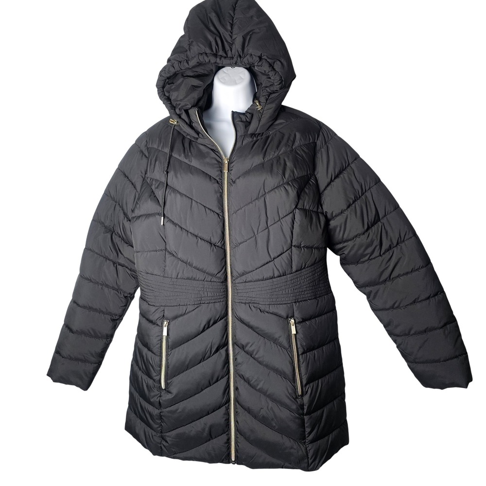 Susan Graver Womens Water Resistant Quilted Puffer Jacket L Black Hooded Winter